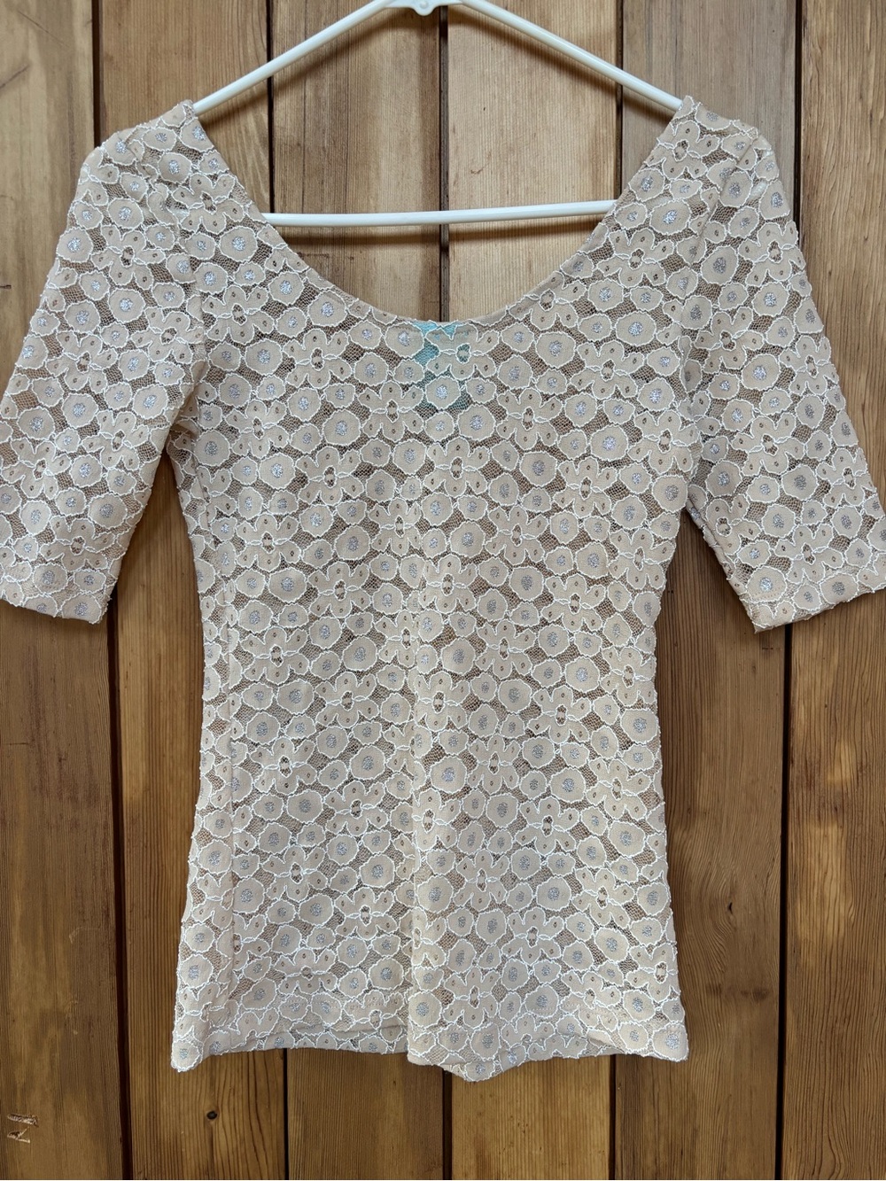 h.i.p. Y2K Sheer Floral Lace Double Scoop Neck Top - Size S - Picture 5 of 6